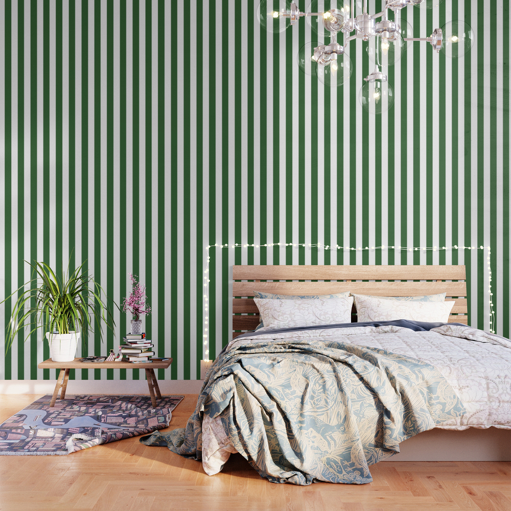 Mughal Green - Solid Color - White Vertical Lines Pattern Wallpaper by makeitcolorful