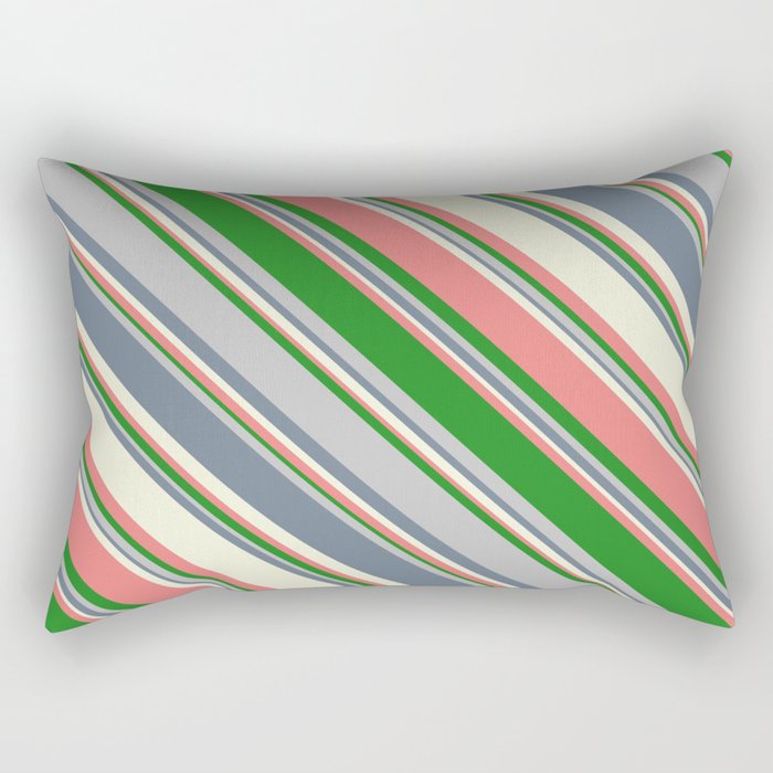 Eye-catching Beige, Light Coral, Forest Green, Grey, and Slate Gray Colored Lined/Striped Pattern Rectangular Pillow