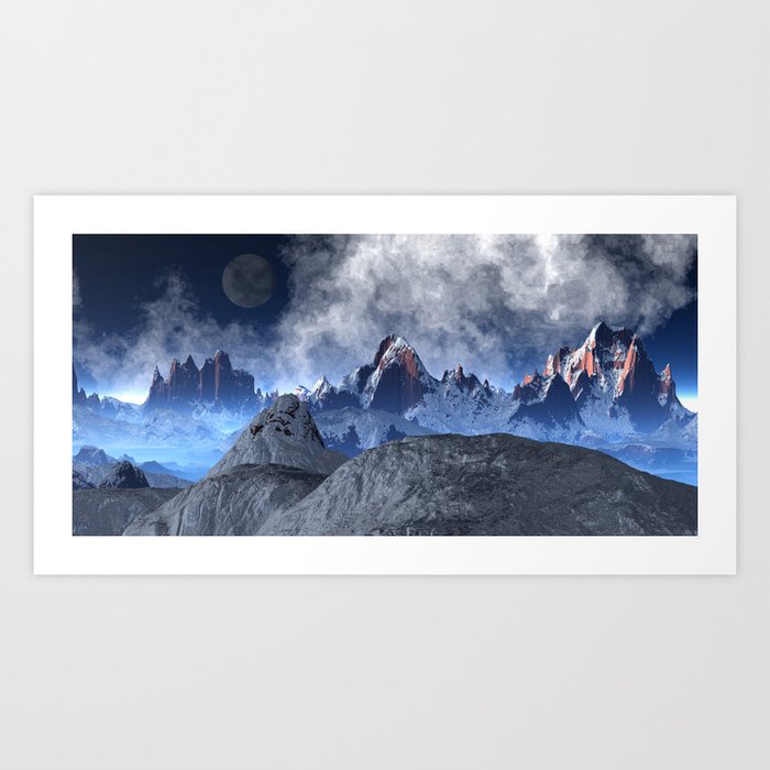 Sharped edged mountains with cloudy sky and full moon Art Print