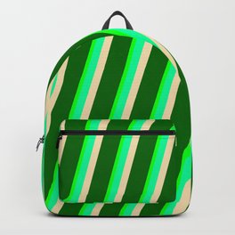 [ Thumbnail: Lime, Green, Tan & Dark Green Colored Striped/Lined Pattern Backpack ]