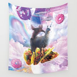Space Sloth Riding Llama Unicorn - Taco & Donut Wall Tapestry