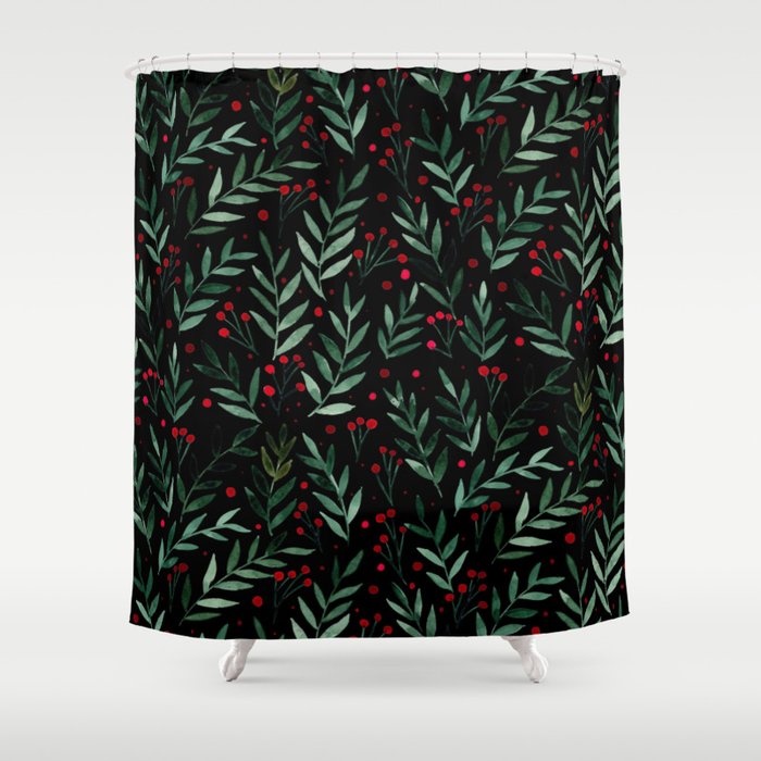 Festive watercolor branches - black, red and green Shower Curtain