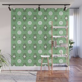 Retro happy smiley blooms pattern  # green tropical Wall Mural