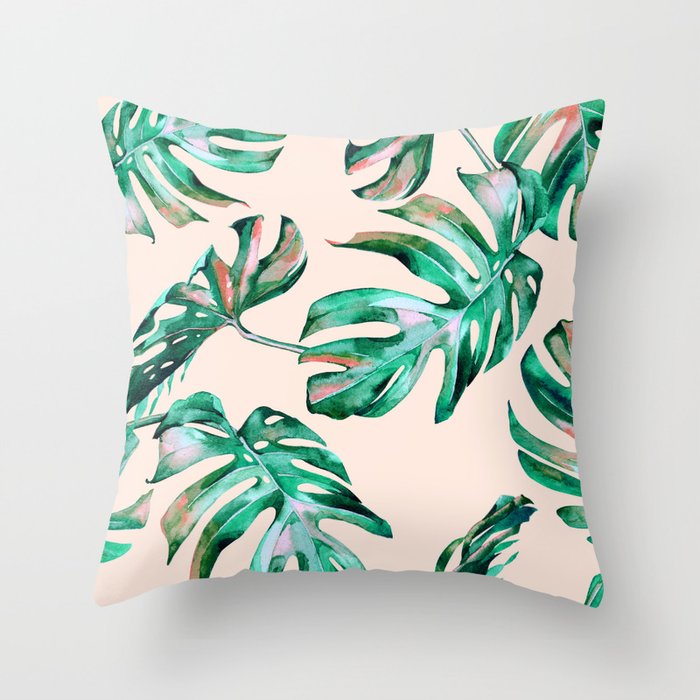 Tropical Palm Leaves Coral Greenery Throw Pillow