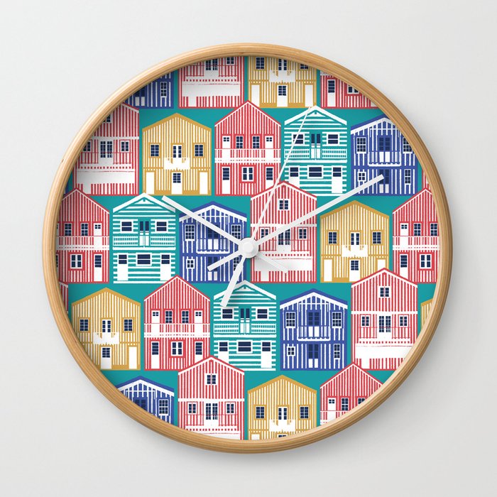 Colourful Portuguese houses // peacock teal background rob roy yellow mandy red electric blue and peacock teal Costa Nova inspired houses Wall Clock