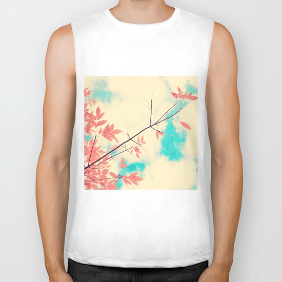Pink fall leafs on retro vintage sky Biker Tank