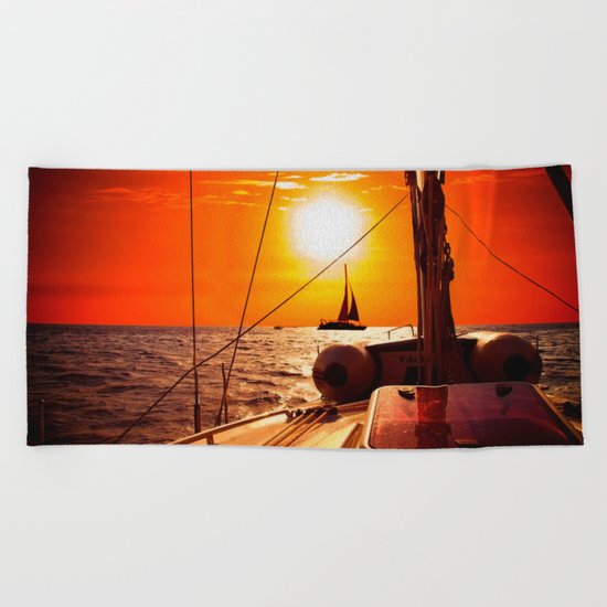 Yacht at Sunset Beach Towel