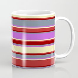 [ Thumbnail: Eyecatching Slate Gray, Orchid, Pale Goldenrod, Red, and Dark Red Colored Lines/Stripes Pattern Coffee Mug ]
