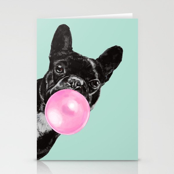 Bubble Gum Sneaky French Bulldog in Green Stationery Cards