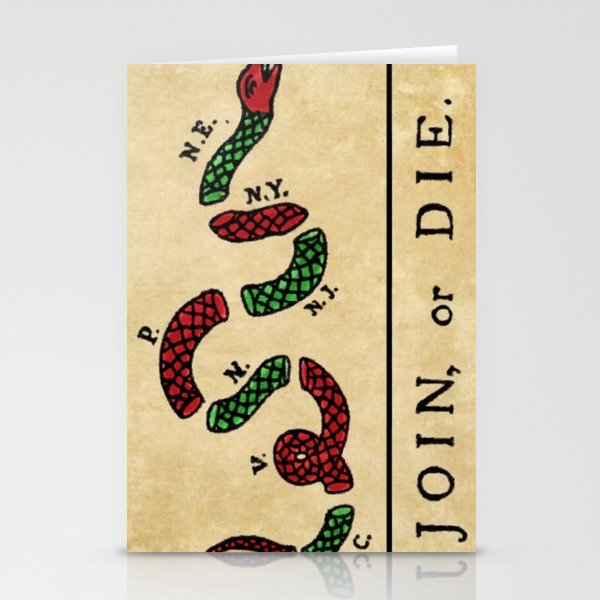 1776 "Join, or Die" Revolutionary War flag with 13 colonies, snake & colors by Benjamin Franklin Stationery Cards