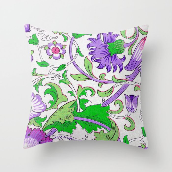 Modern William Morris Purple Green Floral Leaves Pattern  Throw Pillow