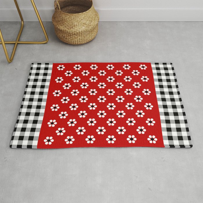 Daisies and Check - red and black Rug