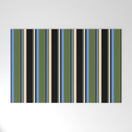 [ Thumbnail: Cornflower Blue, Dark Olive Green, Bisque, and Black Colored Striped Pattern Welcome Mat ]