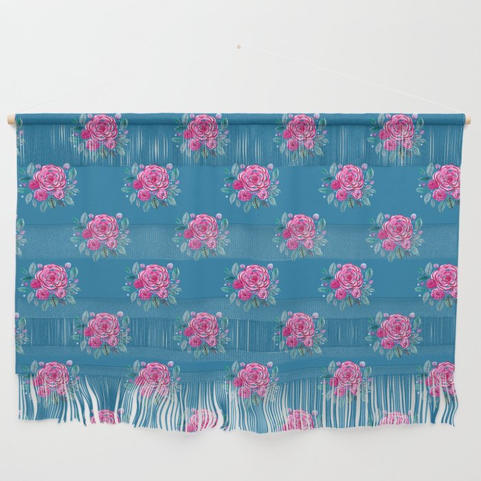 Spring roses bouquet - pink on bluw background Wall Hanging