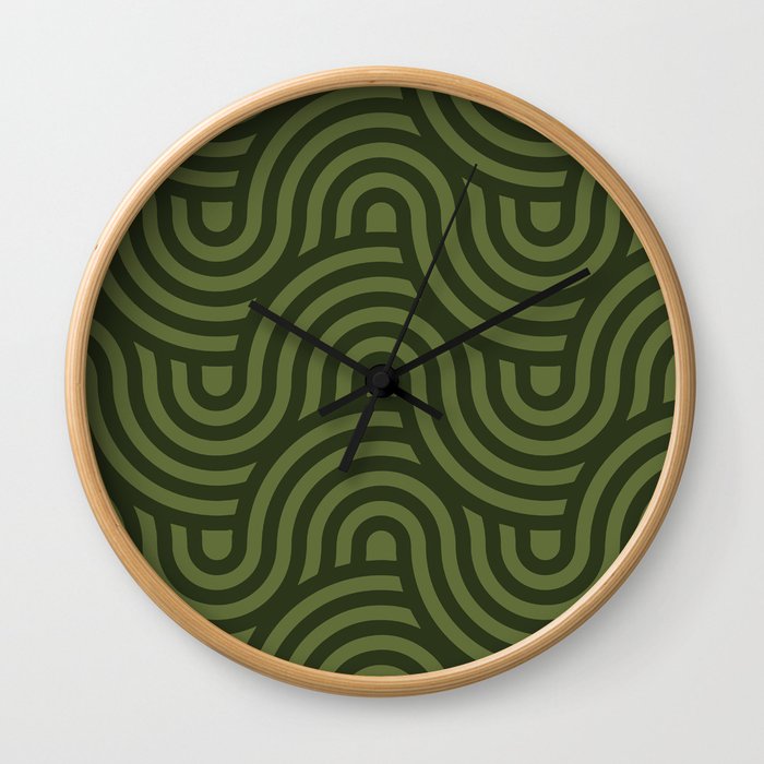Mid Century Modern Curly Lines Seamless Pattern - Pine Tree and Green Wall Clock