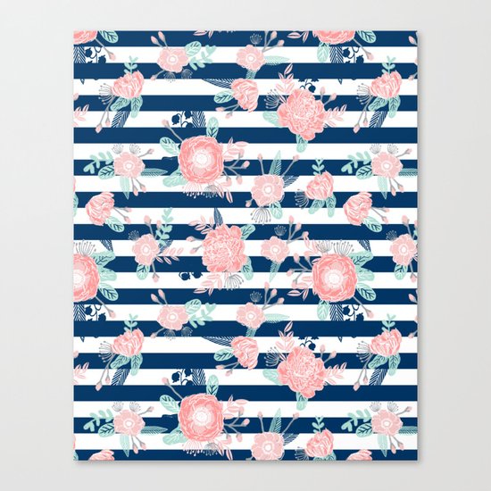 Florals bouquet navy stripe modern classic pattern print nautical preppy chic kids children college Canvas Print