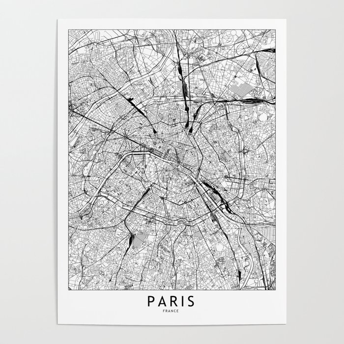 Paris White Map Poster