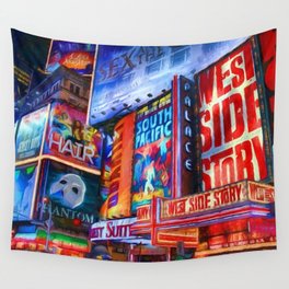 Nights on Broadway; New York City theater show district neon billboards landscape painting  Wall Tapestry