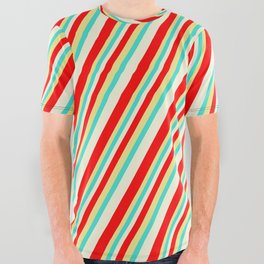 [ Thumbnail: Beige, Red, Tan, and Turquoise Colored Striped Pattern All Over Graphic Tee ]