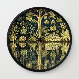 William Morris original Tree of Life reflecting pool of garden lily pond twilight black nature landscape painting wall and home decor Wall Clock
