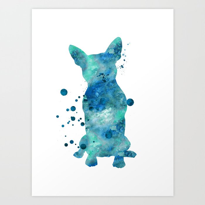Boston Terrier Dog Watercolor Painting Blue Turquoise Aqua Mint