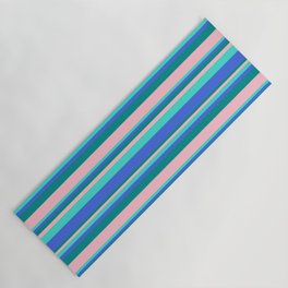 [ Thumbnail: Turquoise, Royal Blue, Dark Cyan, and Pink Colored Stripes Pattern Yoga Mat ]