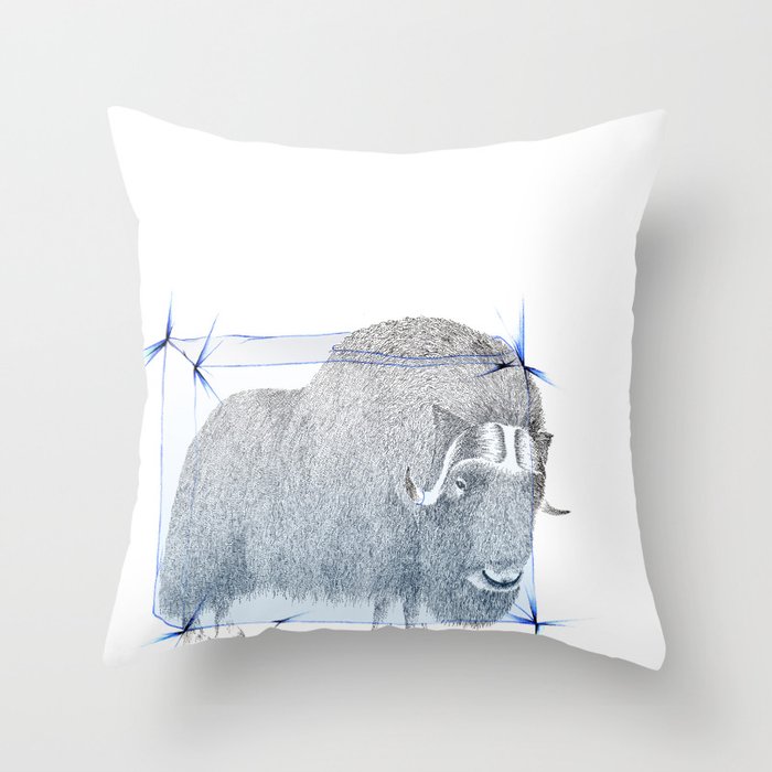 Muskox Ice Age pointillism and pencil crayons drawing Throw Pillow
