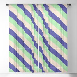 [ Thumbnail: Light Green, Bisque & Blue Colored Striped Pattern Sheer Curtain ]