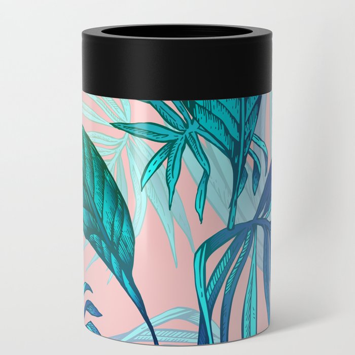 Tropical Leaves in Pink  Can Cooler