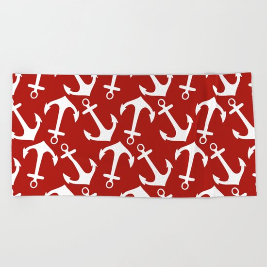 Maritime Nautical Red and White Anchor Pattern - Anchors on #Society6 Beach Towel