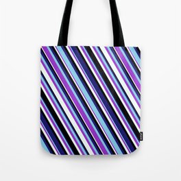 [ Thumbnail: Vibrant Midnight Blue, Sky Blue, Dark Orchid, Mint Cream, and Black Colored Lined/Striped Pattern Tote Bag ]