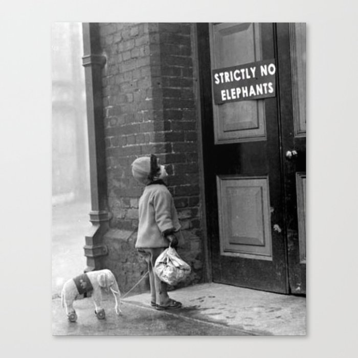 'Strictly No Elephants' vintage humorous child verses the world black and white photograph / black and white photography Canvas Print