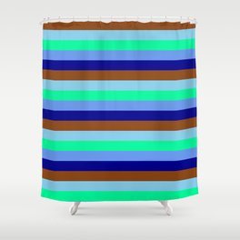 [ Thumbnail: Eyecatching Sky Blue, Green, Cornflower Blue, Dark Blue & Brown Colored Stripes/Lines Pattern Shower Curtain ]