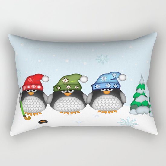 Cute Hockey Penguins in Snowy Winter landscape Rectangular Pillow