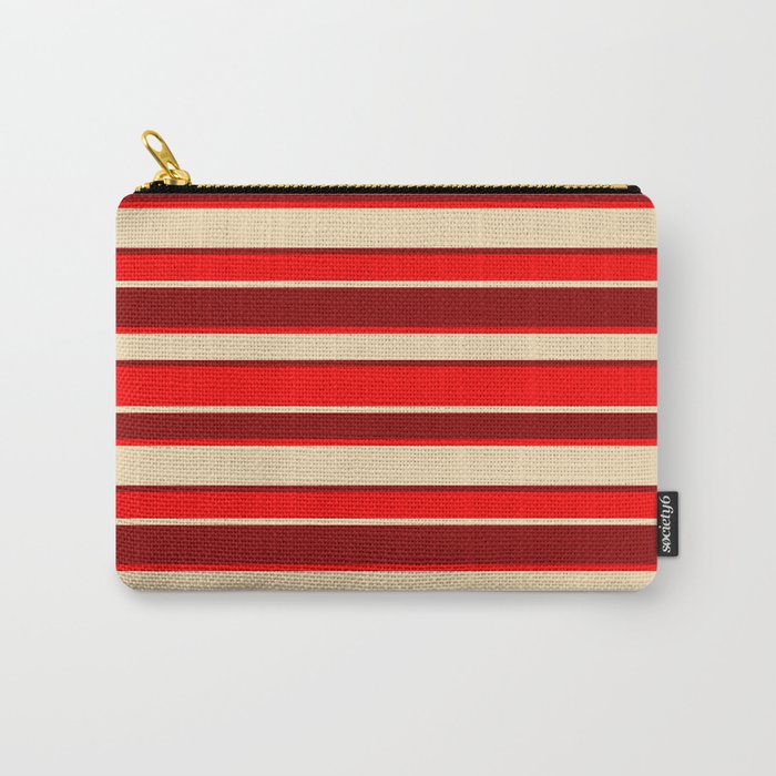 Dark Red, Red, and Tan Colored Striped Pattern Carry-All Pouch
