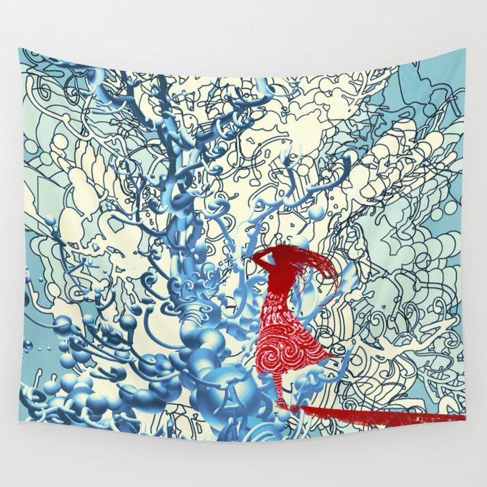 Pop Art Girl With Turquoise + Cream Abstract Whimsy Wall Tapestry