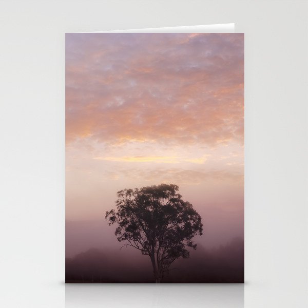 /// Bubble gum mornings /// Landscape photography of early morning tree in the fog at sunrise, NSW Australia Stationery Cards