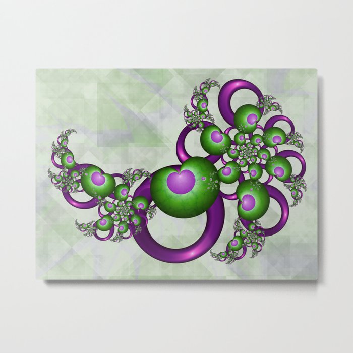 Young Love, Fractal Art With Green Pink Hearts Metal Print