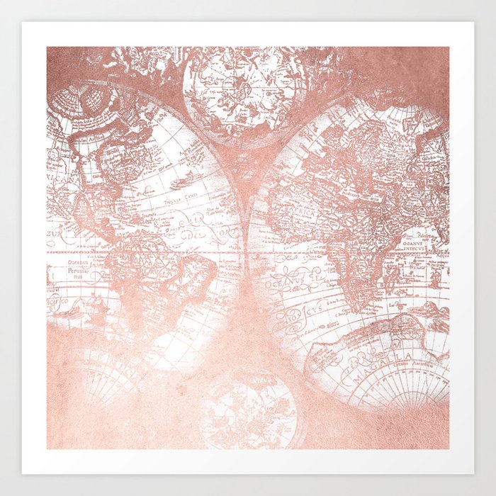 Rose Gold Pink Antique World Map By Nature Magick Art
