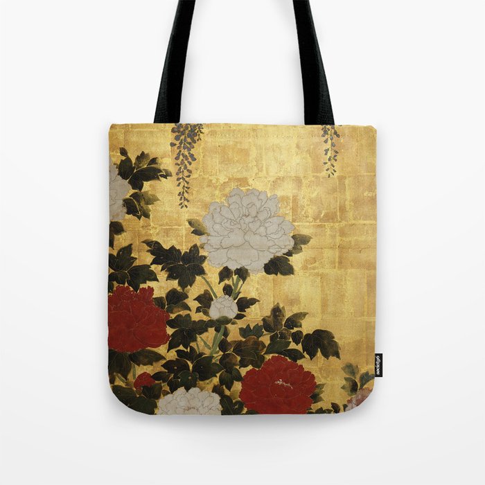 Vintage Japanese Floral Gold Leaf Screen With Wisteria and Peonies Tote Bag