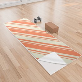 [ Thumbnail: Coral and Beige Colored Lined/Striped Pattern Yoga Towel ]