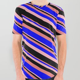 [ Thumbnail: Light Coral, Blue, Light Pink, and Black Colored Lines Pattern All Over Graphic Tee ]
