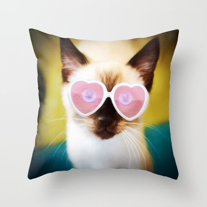 Cute Siamese Kitten with Pink Heart Sunglasses Throw Pillow