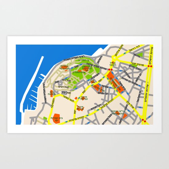 Tel Aviv Jaffa map design - written in Hebrew 2 Art Print
