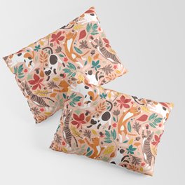 Autumn joy // flesh coral background cats dancing with many leaves in fall colors Pillow Sham