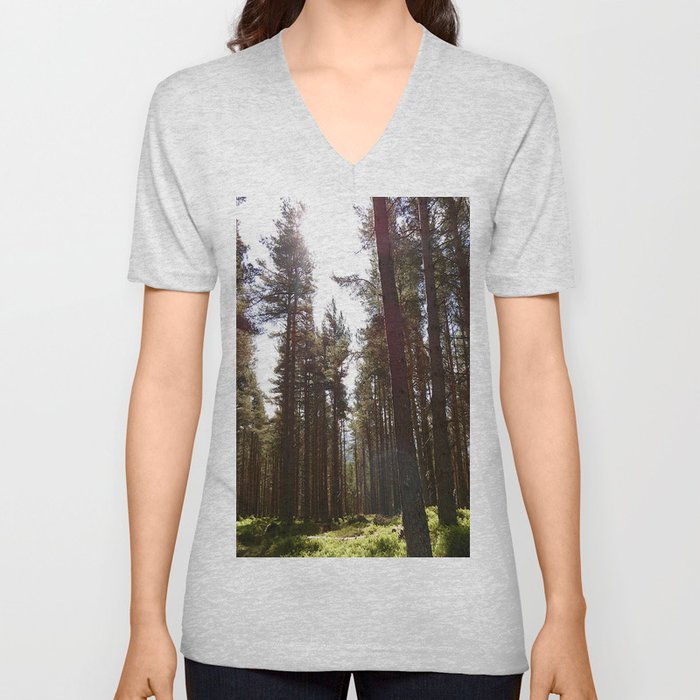Spring Light in a Scottish Highlands Pine Tree Forest V Neck T Shirt