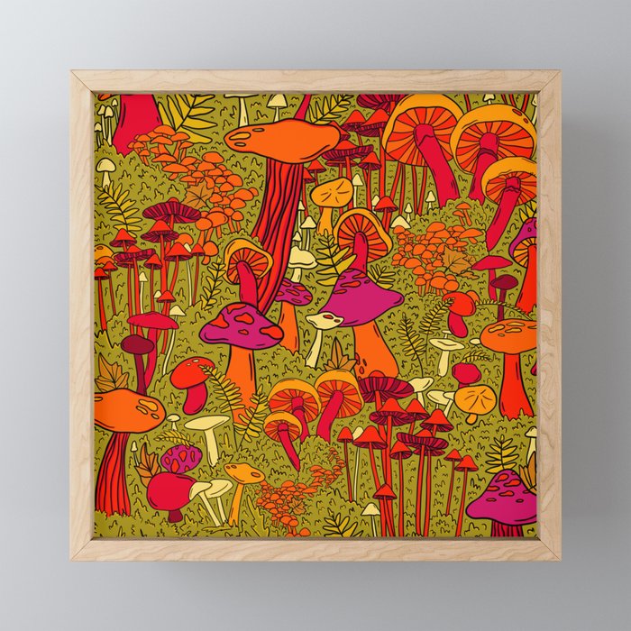 Mushrooms in the Forest Framed Mini Art Print | Drawing, Digital, Pattern, Mushroom, Mushrooms, Nature, Forest, Illustration, Plant, Plants