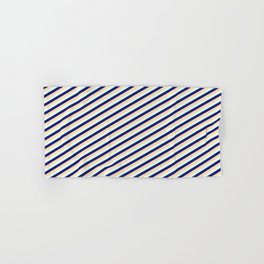 [ Thumbnail: Midnight Blue, Tan, and Light Cyan Colored Pattern of Stripes Hand & Bath Towel ]