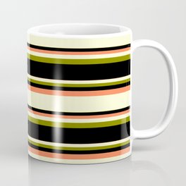 [ Thumbnail: Coral, Light Yellow, Green, and Black Colored Lined/Striped Pattern Coffee Mug ]