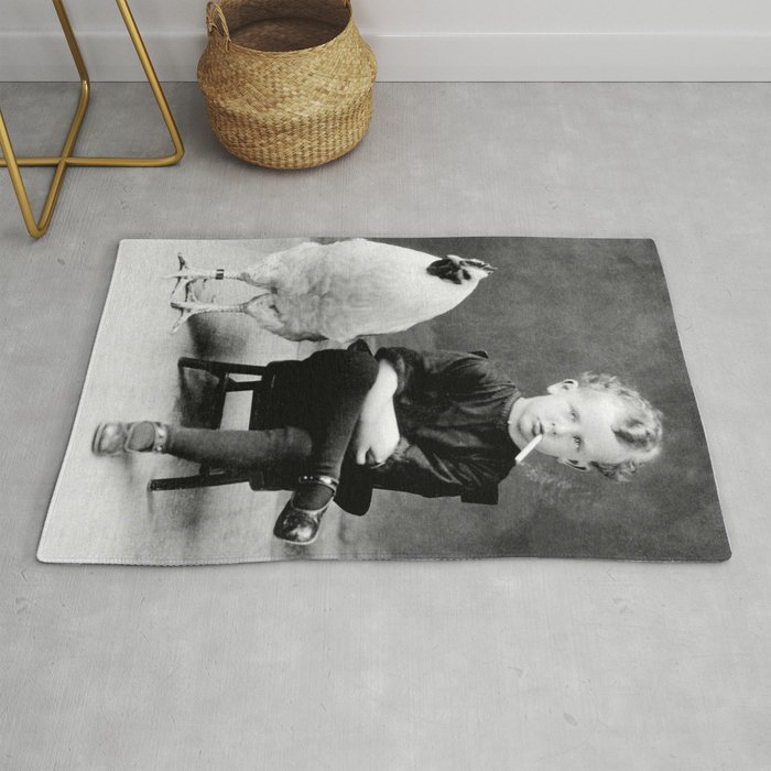 Smoking Boy with Chicken black and white photograph - photography - photographs Rug